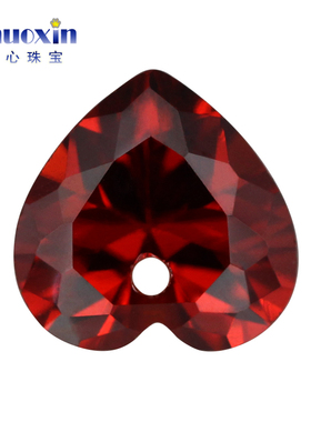 桃心形石榴红色锆石中间单孔裸石 人造锆石宝石耳钉吊坠DIY