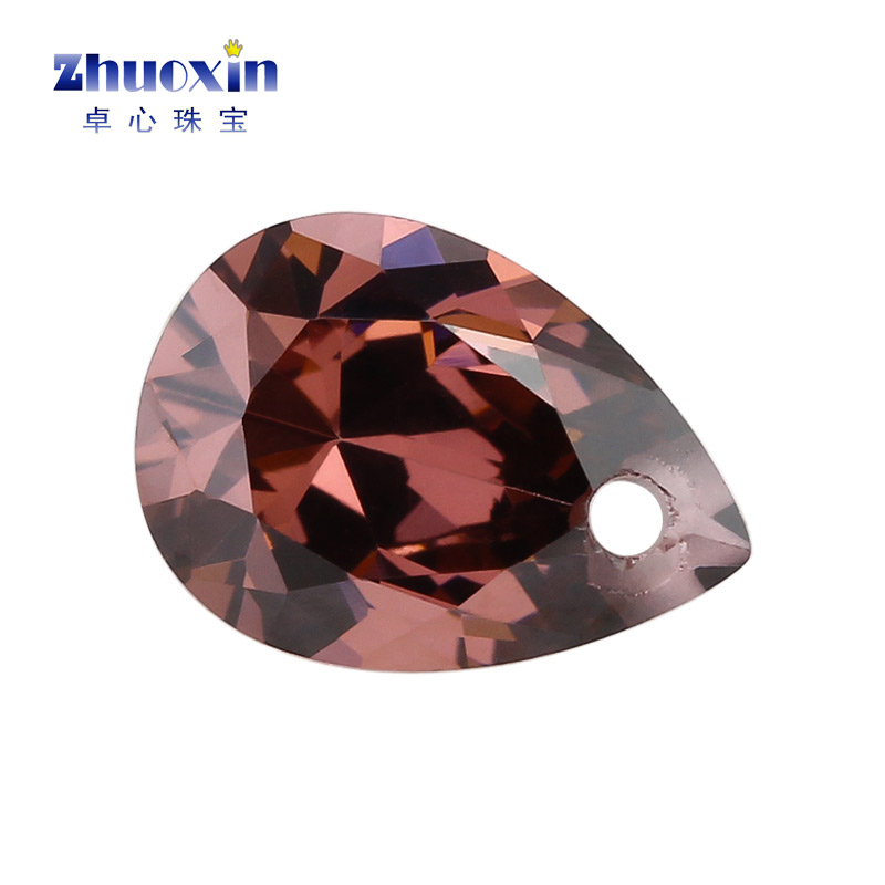梨形胭锆尖底单孔裸石 胭脂色人造锆石cz水滴形打孔吊坠耳钉钻