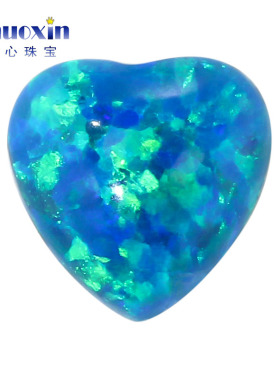 蓝绿色心形人造欧泊石OPAL 平底素面欧珀澳宝戒面镶嵌炫彩 OP36