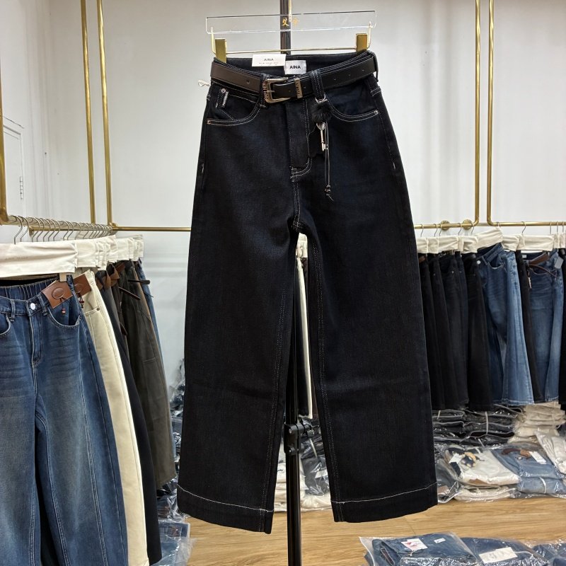 AINA艾拿2025冬98735深蓝色植绒直筒牛仔裤女宽松显瘦九分奶奶裤