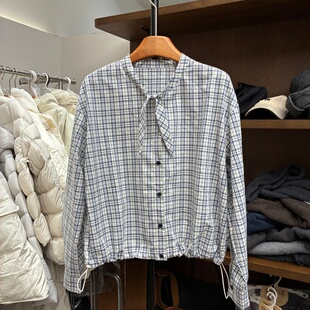 短款设计感复古洋气绑带蓝格子衬衫女2026春新款下摆抽绳衬衣7891