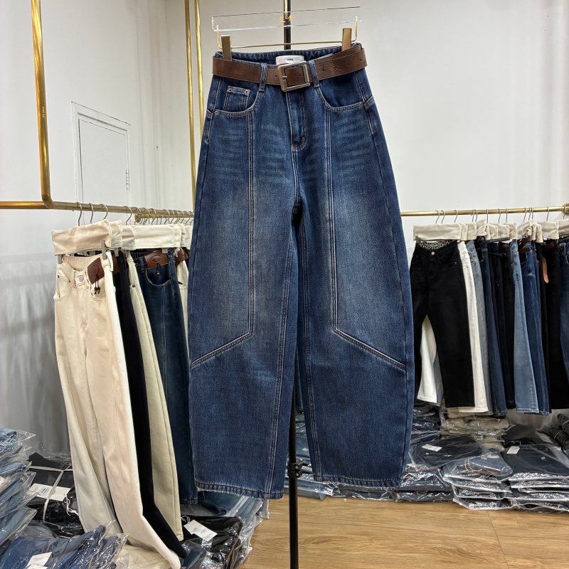 艾拿2025冬款55099蓝色植绒高腰直筒阔腿裤女时尚显瘦牛仔弯刀裤