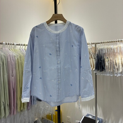 5226拼色圆领长袖爱心刺绣衬衫女2026春季时尚百搭显瘦上衣衬衣潮