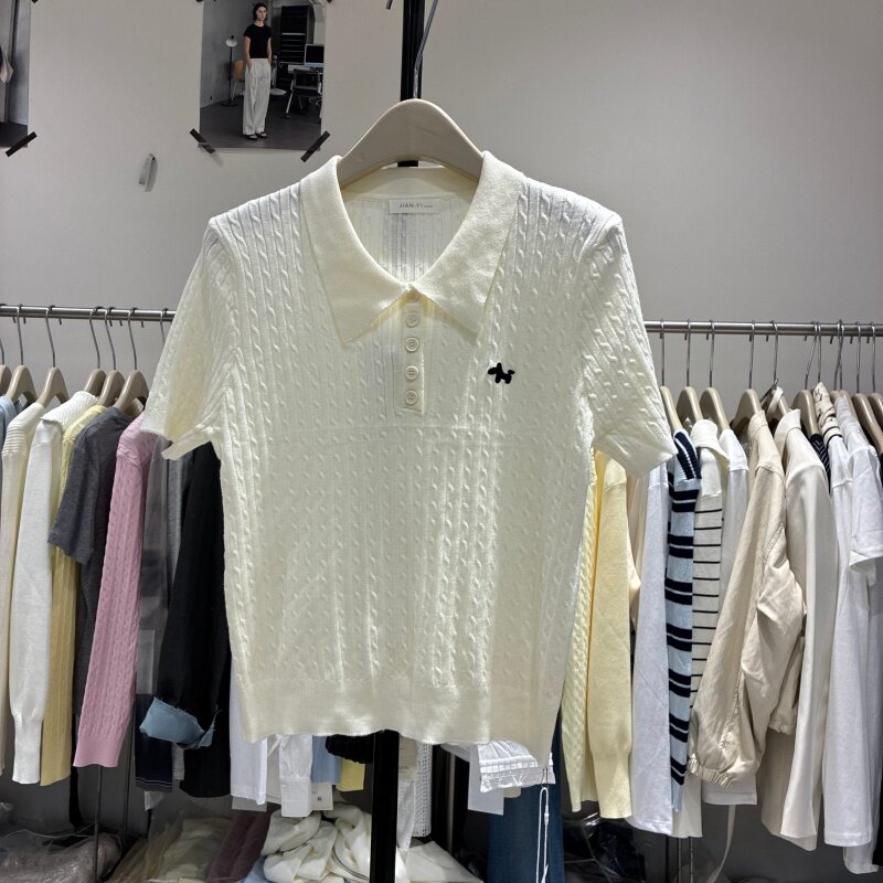 2026春季新款韩版时尚麻花翻领短袖针织衫女气质百搭套头上衣8205