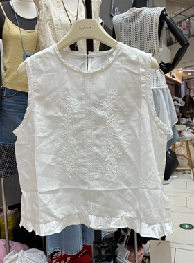 法式气质刺绣无袖小衫女春夏薄款温柔甜美风木耳边减龄上衣9223