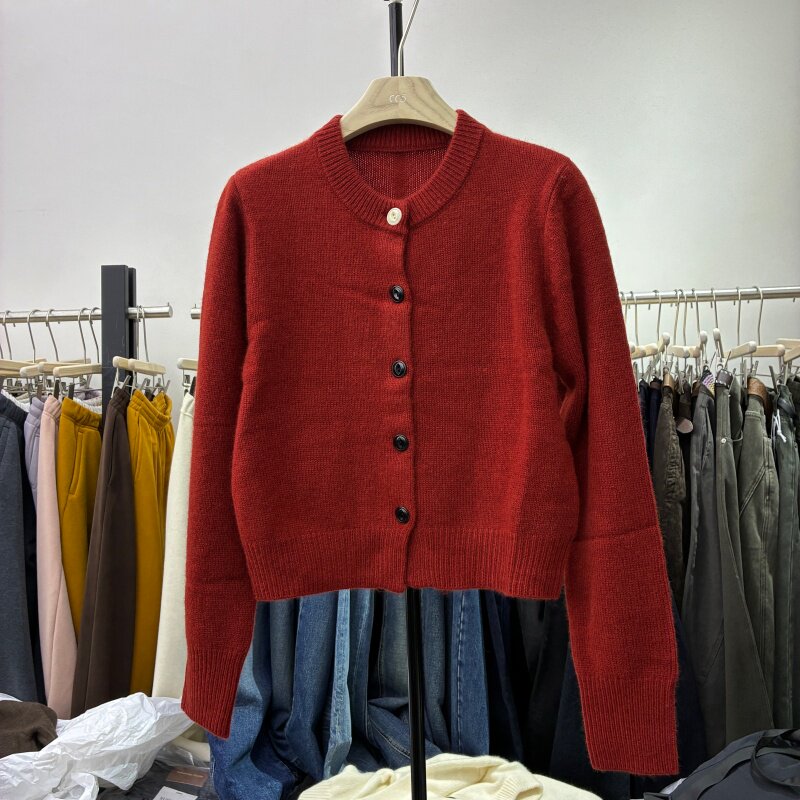 欧货2025冬百搭圆领长袖绵羊毛针织开衫女宽松显瘦毛衣外套22200