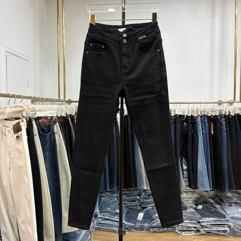 AINA艾拿2025冬新款95087-1黑色植绒高腰弹力显瘦九分小脚铅笔裤