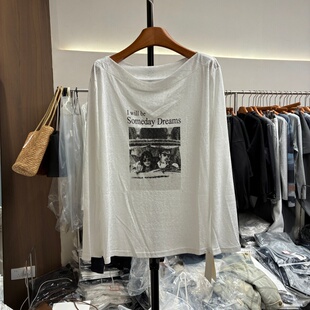 韩版 白色防晒罩衫 夏季 薄款 印花休闲宽松t恤一字斜露肩上衣 女长袖