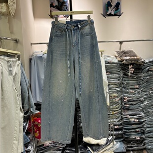 美式复古抽绳设计感镶钻牛仔裤女2026春季新款宽松阔腿拖地裤9199