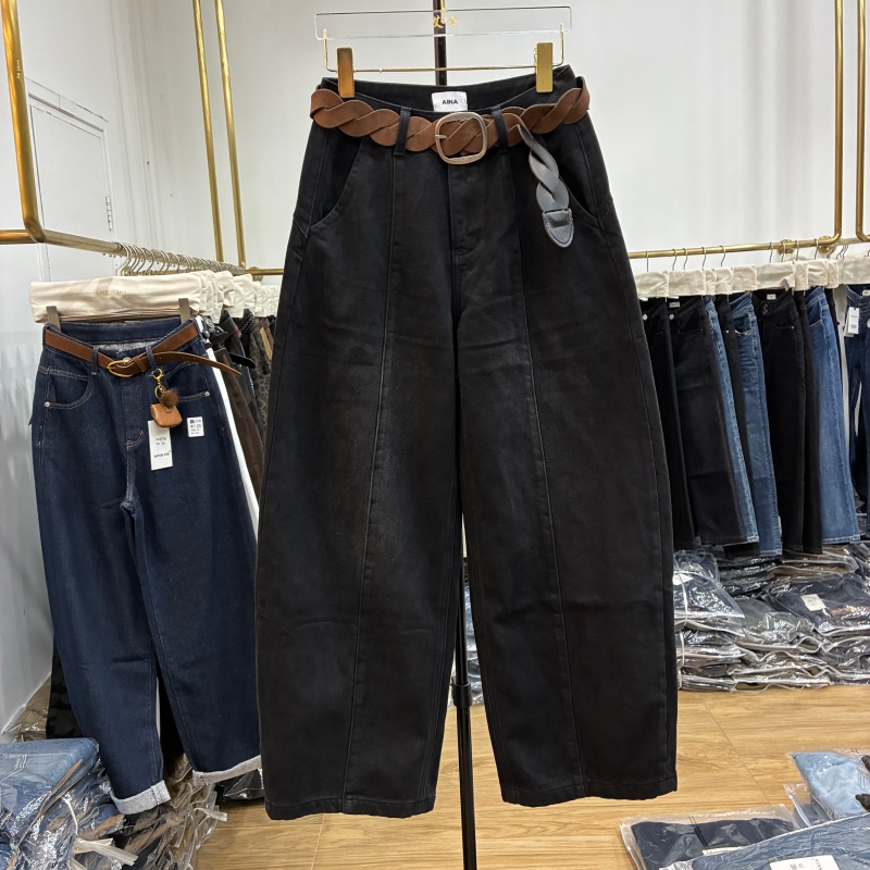 艾拿2025冬款55091黑色抓毛高腰送皮带时尚直筒阔腿牛仔弯刀裤潮