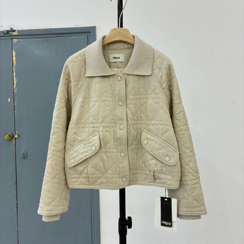 欧货2026秋冬时尚拼接针织翻领短款棉服女宽松菱格纹外套薄棉衣潮