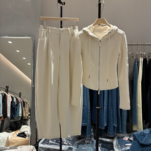 2026春款女装米色宽松连帽卫衣女长袖休闲上衣+裤子外套装T2116