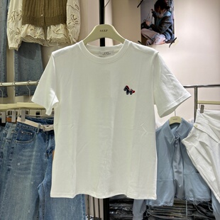 春夏高弹力简约刺绣短袖T恤女2026新款圆领百搭修身显瘦上衣9001