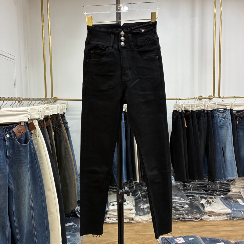 AINA艾拿2025冬新款97201黑色植绒高腰弹力显瘦九分小脚铅笔裤