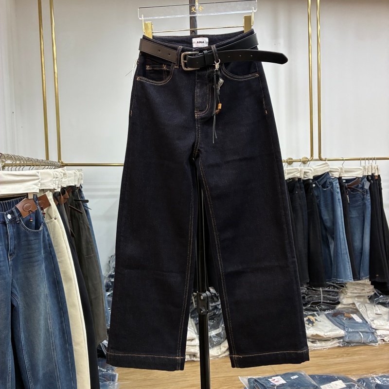 AINA艾拿2025冬98732深蓝色抓毛直筒牛仔裤女宽松显瘦九分奶奶裤