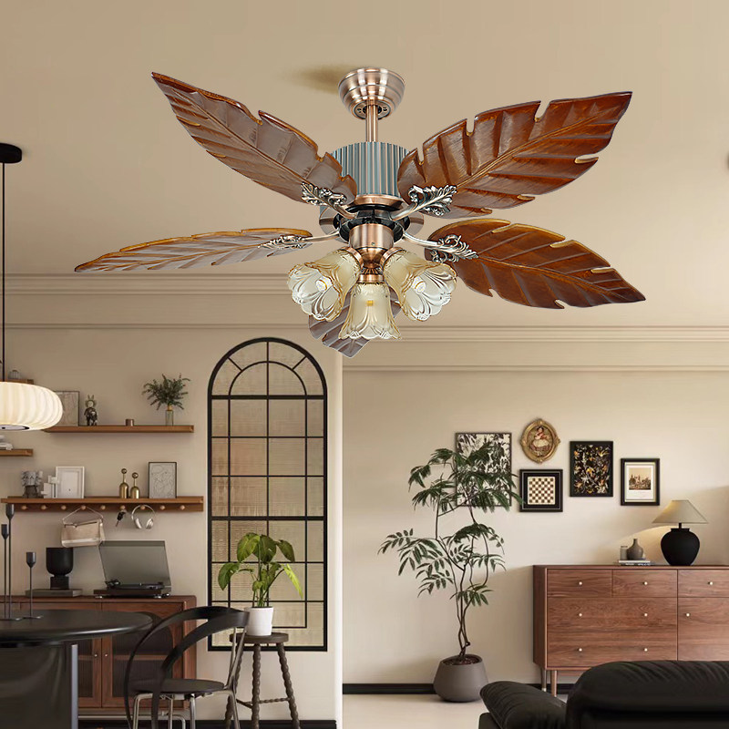 变频电风扇无灯复古餐客厅卧室欧美式仿古实木芭蕉叶现代简约吊扇