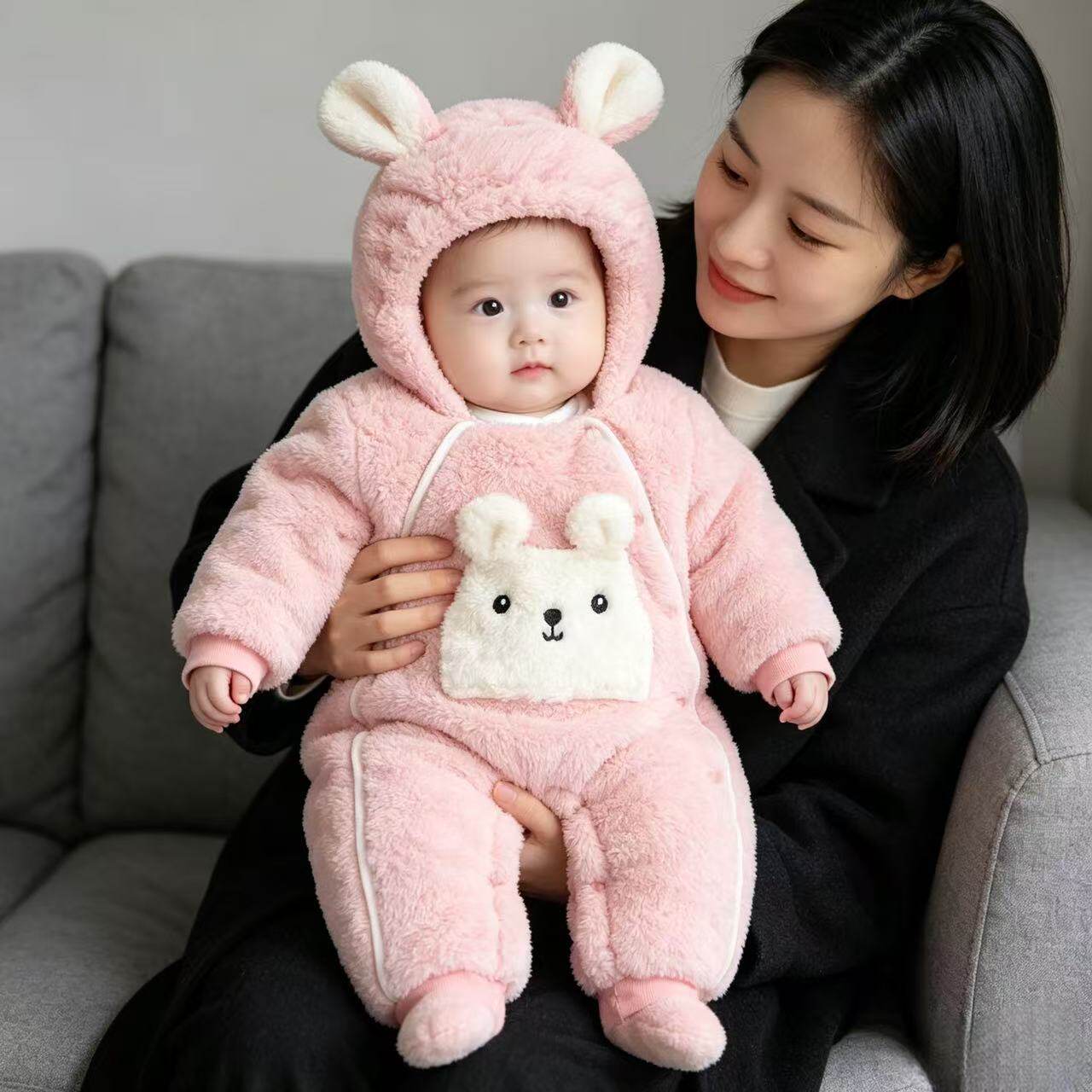 秋冬加厚毛绒兔子造型婴儿连体衣