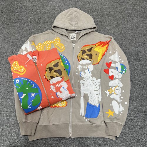 VERTABRAE COSMIC ZIP UP HOODIE 地球骷髅陨石发泡印花连帽卫衣