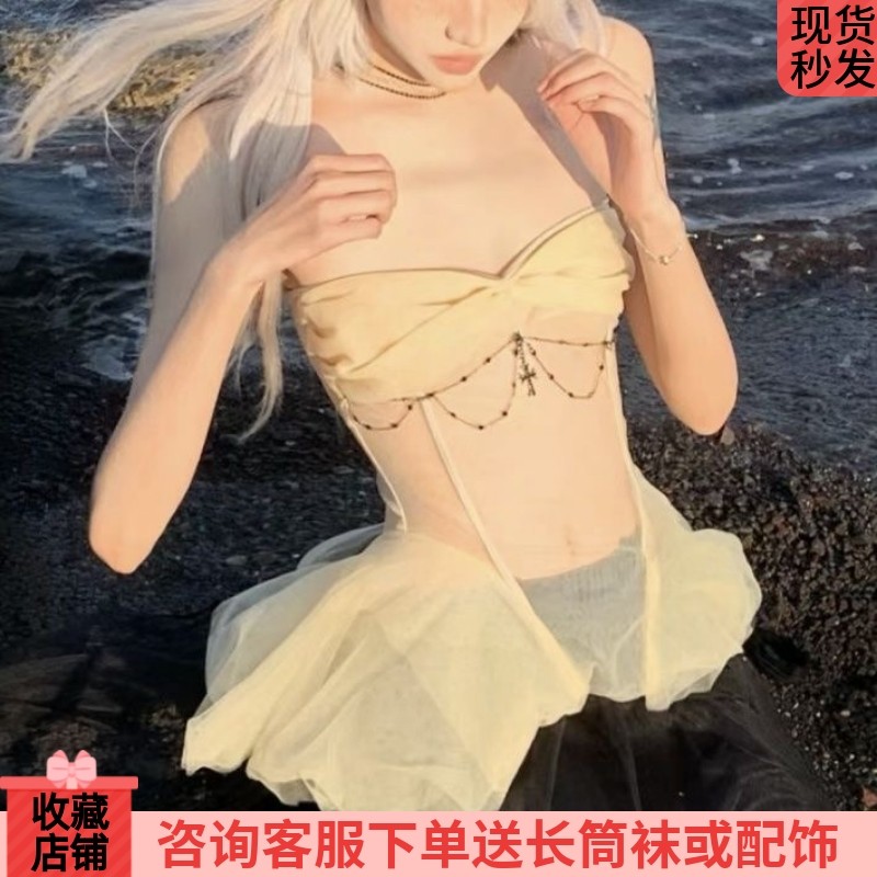 春夏小众设计小清新纯欲性感辣妹裸色透视绑带胸衣抹胸吊带上衣女