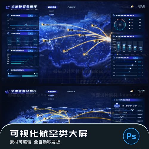 可视化大屏航空大屏机场航班监控客流统计会展厅大屏ps带图层模版