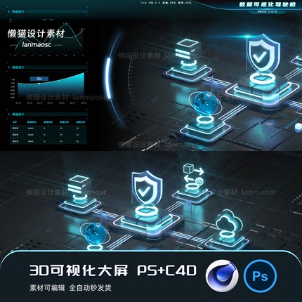 3D主视觉可视化大屏素材模版ps素材源文件数字驾驶舱c4d建模深色