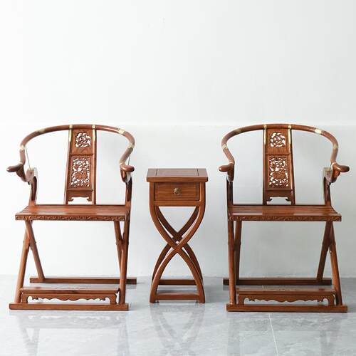 中式老榆木交椅折叠雕花实木围椅明清复古做旧太师椅明式头把交椅