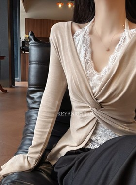 KEYANKETIAN 25152 挂脖蕾丝假两件长袖扭结上衣女温柔气质打底衫