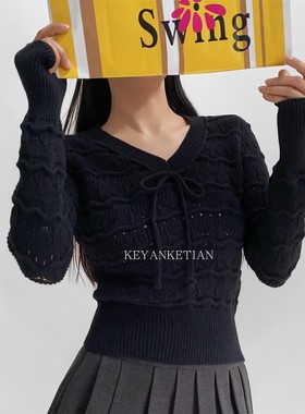 KEYANKETIAN 1056 温柔韩系风V领蝴蝶结长袖镂空短款毛衣女针织衫