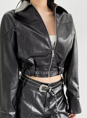 KEYANKETIAN 1043 黑色短款PU皮衣女复古机车风翻领夹克高级外套