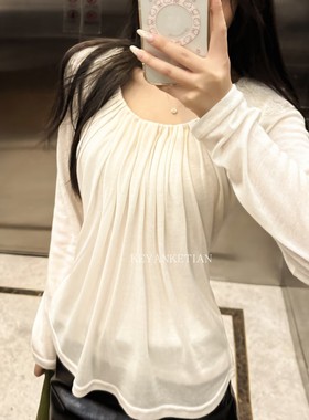 KEYANKETIAN 25183 蕾丝贴花褶皱圆领长袖T恤女修身显瘦上衣tee