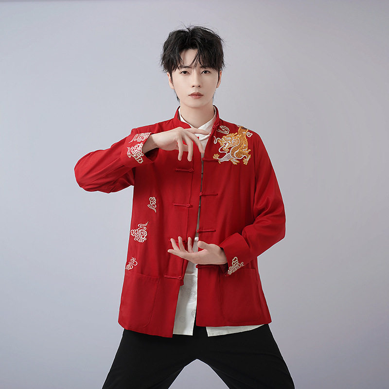 唐装上衣男外套长袖中老年太极服绣龙礼服中国风晨练表演服春秋装