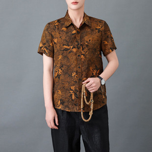 2025新款高端香云纱衬衫男士短袖休闲男装真丝上衣100%桑蚕丝衬衣