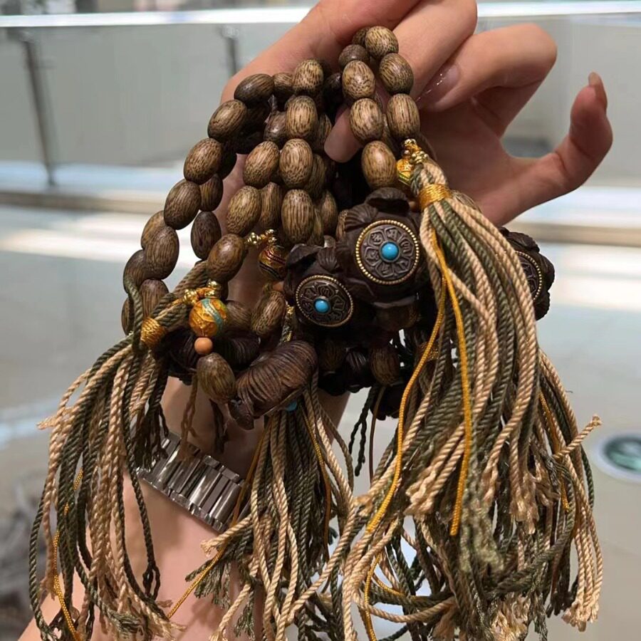 原创设计沉香木米珠搭配沉香木精雕莲花单圈手链手串文玩佛珠手串