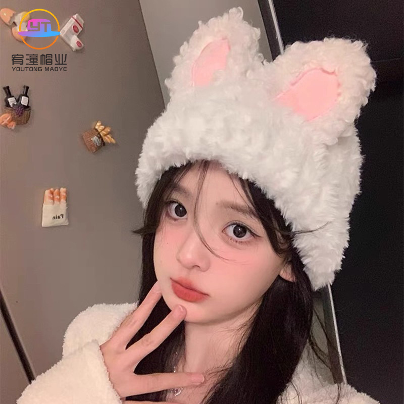 可爱兔子耳朵帽子白色毛绒秋冬季保暖针织毛线帽女毛绒绒包头冷帽