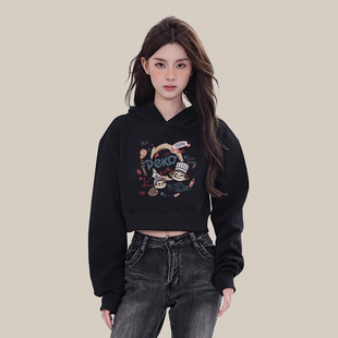 2024韩系黑色套头连帽卫衣女款外套春秋加绒小个子休闲运动套装