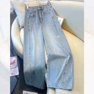 蓝色烫钻阔腿牛仔裤女春季2026新款高腰窄版爆闪亮钻显瘦直筒裤子