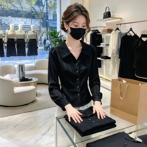 通勤风穿搭条纹翻领纽扣衬衫女