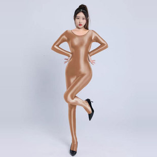 油亮丝滑紧身瑜伽连身美体大码 男女全身衣 开档情调连体衣光泽长袖