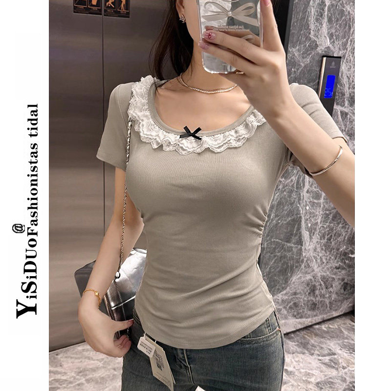 纯欲风蕾丝花边拼接短袖T恤女夏T恤