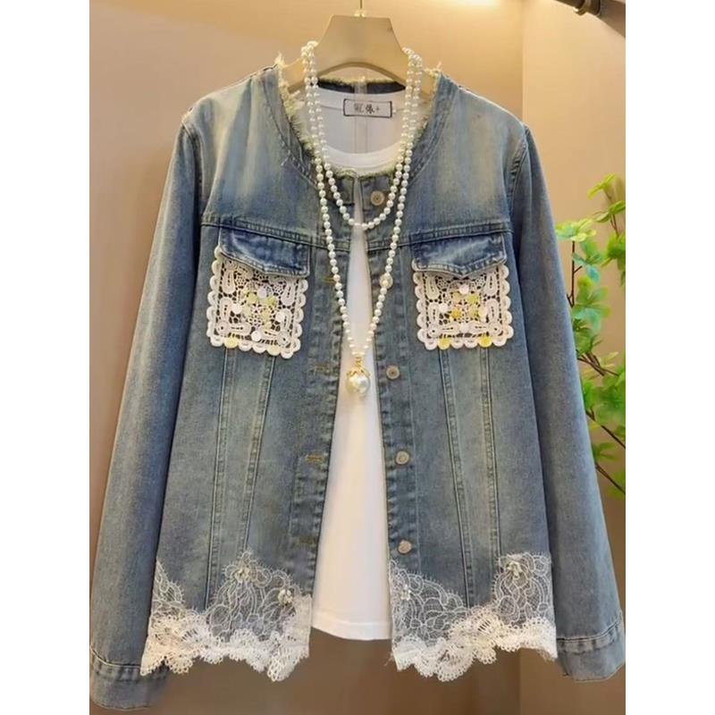 大码女装2025春季新款时尚牛仔外套女韩版洋气蕾丝拼接牛仔上衣潮