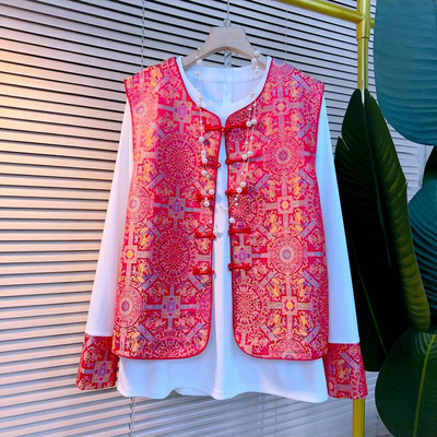 2025春季新款欧洲站新中式国风马甲大码女装胖MM百搭打底衫套装潮