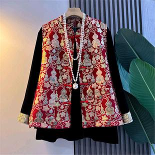 女装 胖妹妹国风葫芦花纹盘扣双兜马甲拼袖 新年马夹大码 新款 钉珠衫