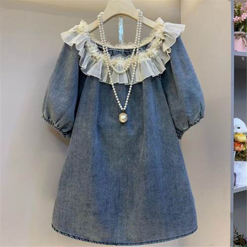 大码女装春夏新款时尚洋气荷叶边牛仔短袖T恤女韩版珍珠装饰半袖