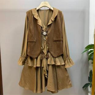 边领套装拼接女装通勤秋季上衣荷叶新款V大码两件套潮女短裙早秋