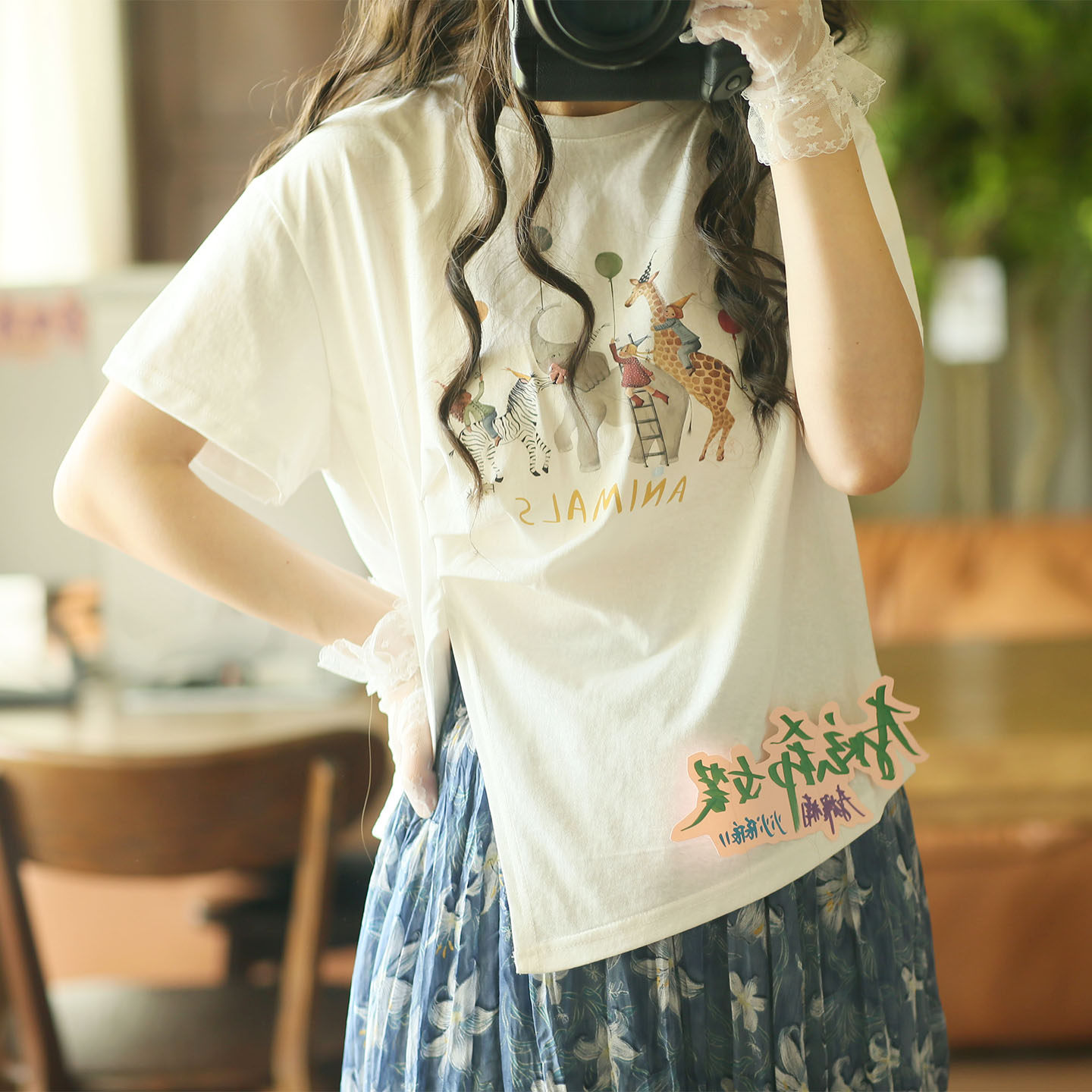 2025新款动物图案不规则开叉褶皱上衣竹节棉白色圆领短袖T恤女装