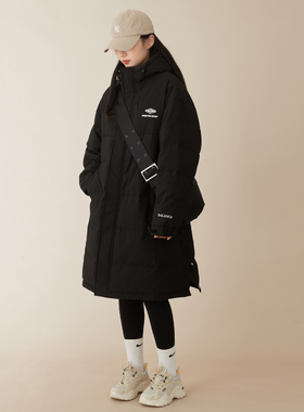 90绒长款过膝休闲加厚羽绒服女冬季新款白色黑色连帽防风保暖外套