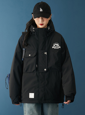 防风防雨宽松连帽工装三防羽绒服女冬季新款黑色户外保暖外套潮