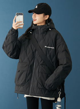 90绒冬季外套菱形格设计感小个子连帽黑色短款轻薄显瘦羽绒服女