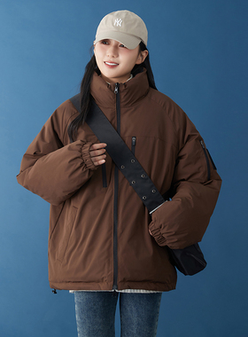 90绒两面穿羽绒服女2024冬季新款插肩袖短款立领冬季白鸭绒羽绒衣