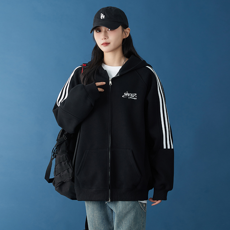 2024秋季新款上衣三条杠百搭纯棉开衫卫衣学生春秋拉链连帽外套女